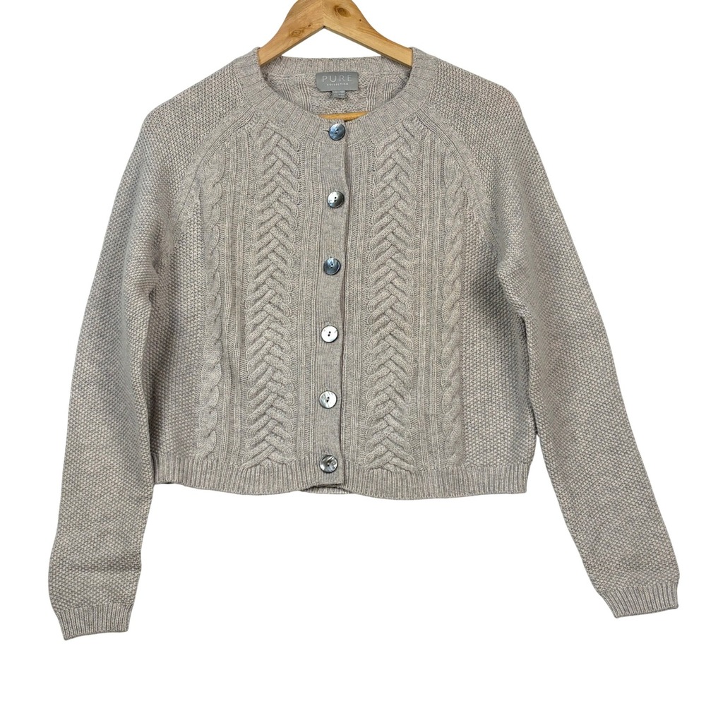 Pure Collection Women Cashmere Lambswool Cable Crop Cardigan Sweater 8/10 Luxe